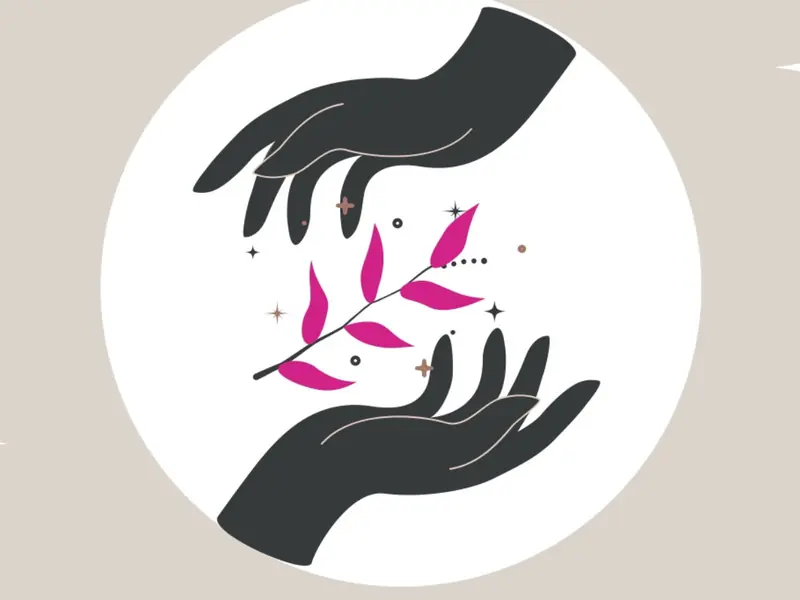 Illustration of two hands cradling a sprig of leaves