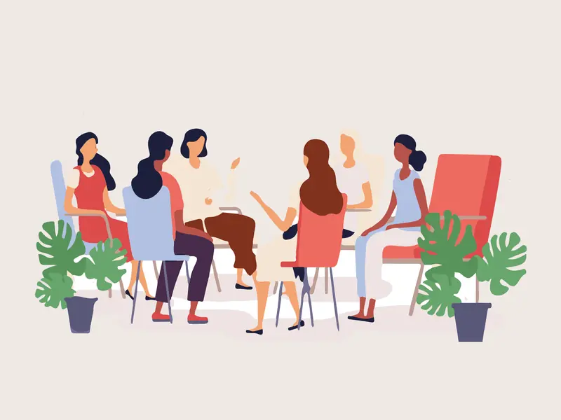 Illustration of women sitting in a circle, chatting over coffee